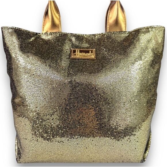Harrods Vintage Gold Platinum Glitter Tote Shopper Bag Change Pouch Set Sparkle - Picture 4 of 13